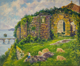 S. Vicente de la Barquera - Iglesia y puente 45x54 cmjpg